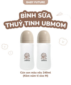 Bình sữa thủy tinh UBMOM 240ml hoạ tiết cún trắng/nâu – An toàn, mô phỏng ti mẹ