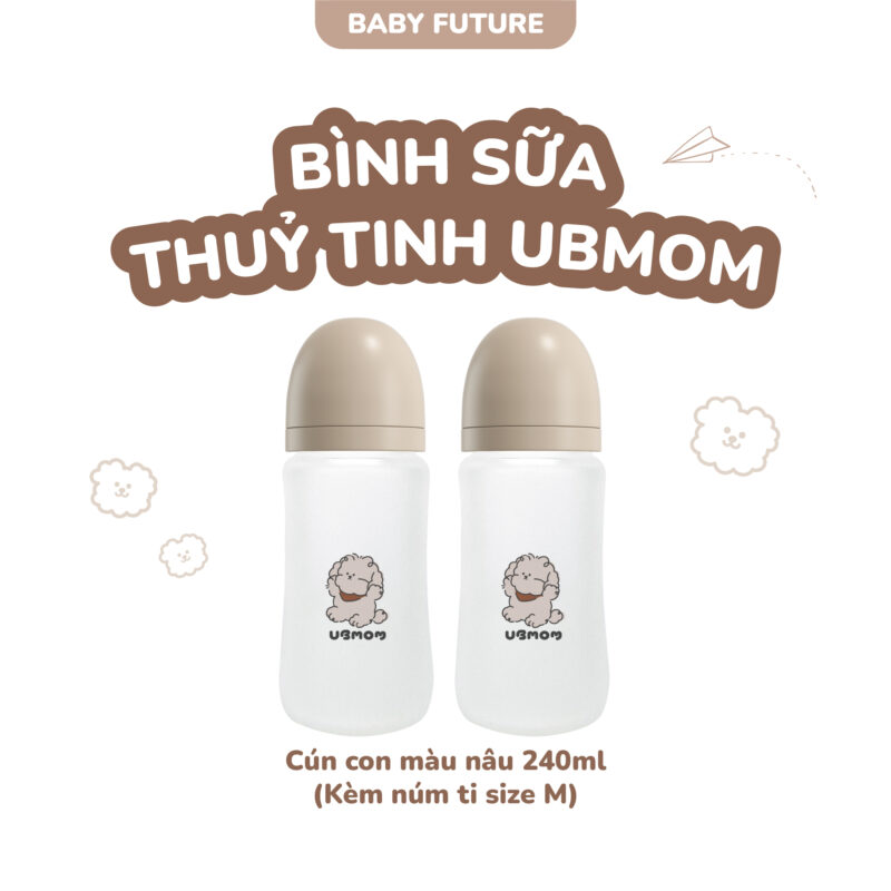 Bình sữa thủy tinh UBMOM 240ml hoạ tiết cún trắng/nâu – An toàn, mô ...