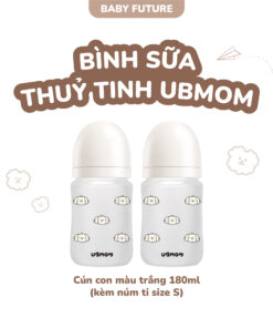 Bình sữa thủy tinh UBMOM 180ml hoạ tiết cún trắng/nâu – An toàn, mô phỏng ti mẹ
